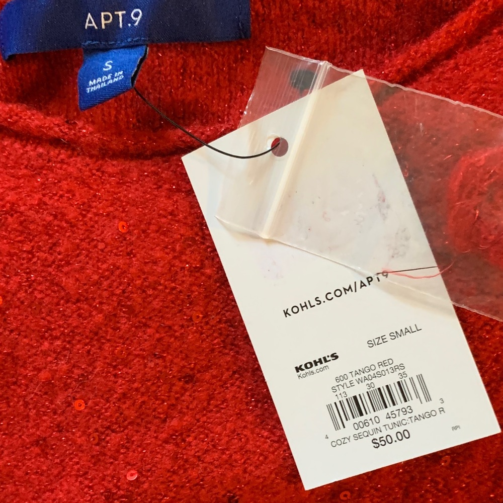 Festive Red Sequin Sparkle Tunic Sweater Apt. 9 NWT Size S